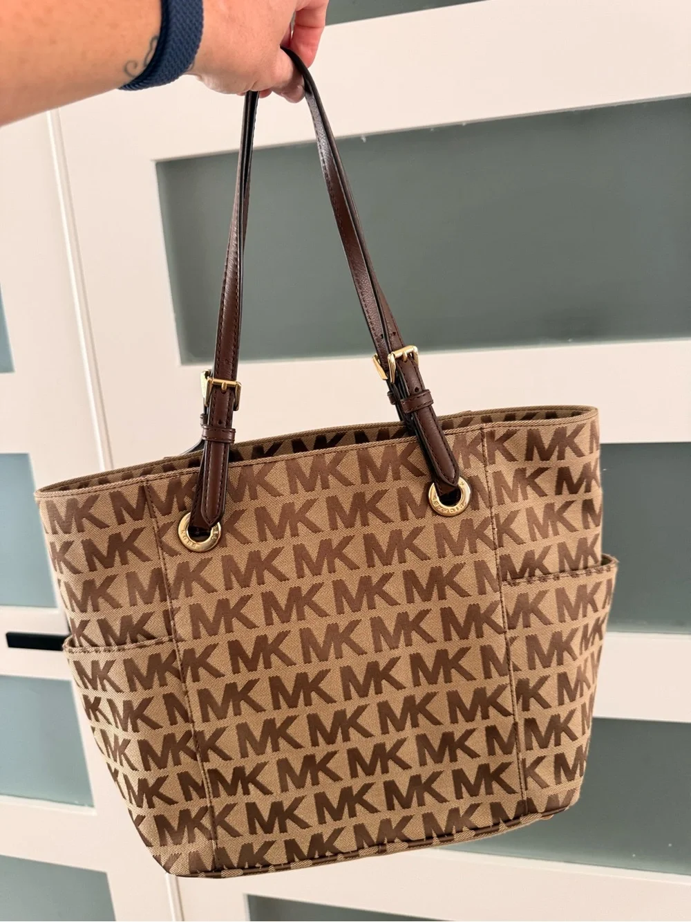 Michael Kors Brown MK Monogram Tote with Gold Hardware